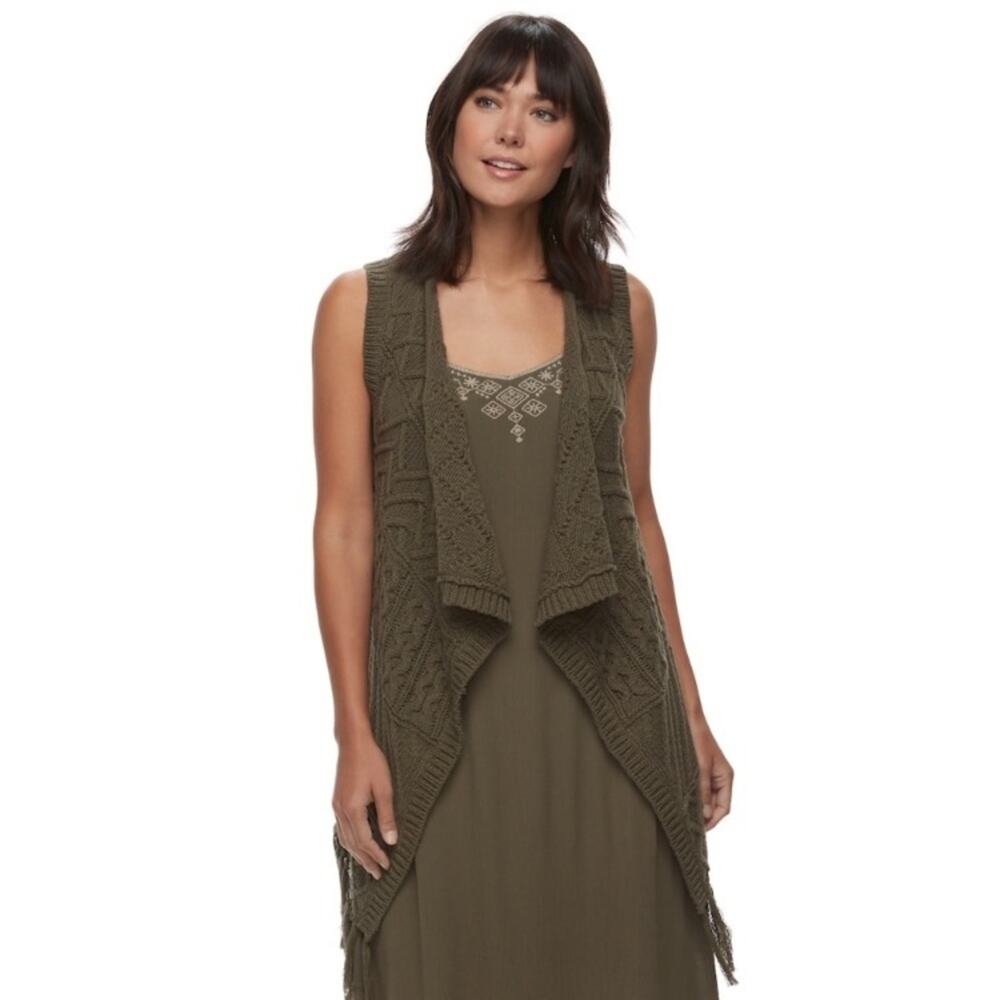 NWT Sonoma Olive Night Cable Knit Fringe Vest